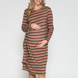 Maternity Stripe Western Long Sleeve Dress with Side Tied
